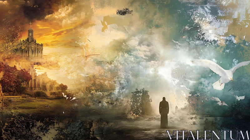 Solitary robed figure between church landscape and sky doves.