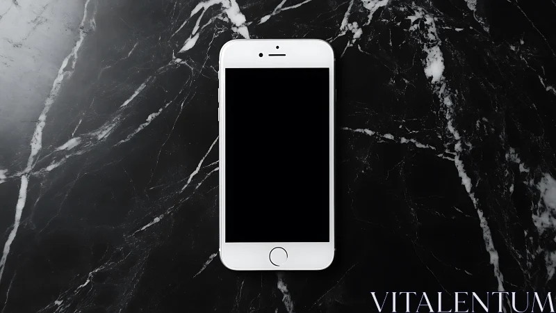 White smartphone on dark marble surface, centered composition.