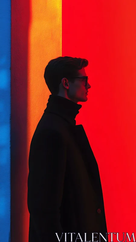 Man in dark coat against bold red and blue wall.