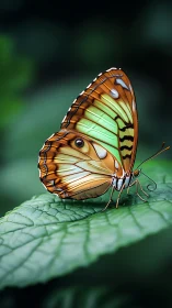 Butterfly on green leaf in close up side profile view.