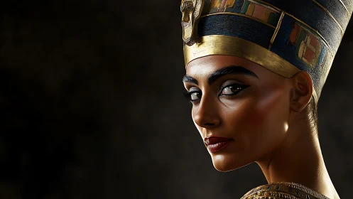 Regal desert queen turns in shadowed, bronze-lit splendor.