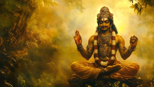 Golden forest meditation with a serene divine presence.