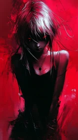 Crimson-eyed shadow girl dissolved in electric scarlet storm.