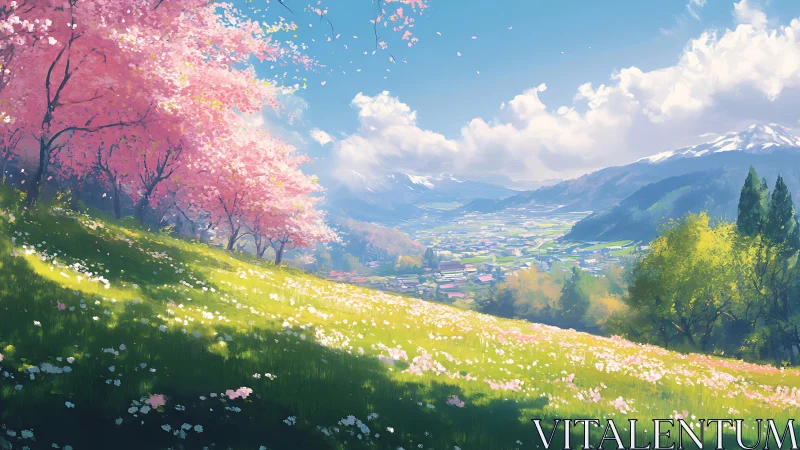 Radiant vernal valley with sakura canopy and alpine backdrop.