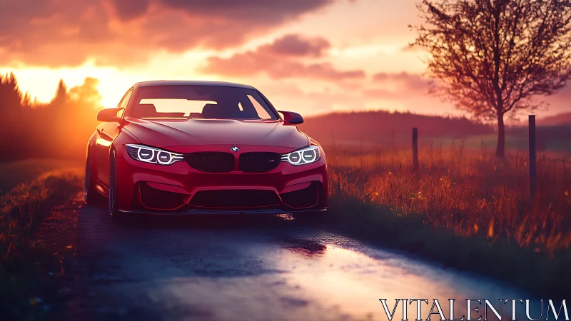 Red sports car on rural road at vivid sunset sky glow.
