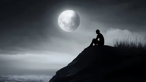 Solitary figure sits on moonlit cliff above calm sea