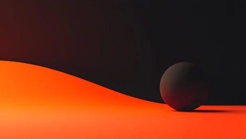 Minimalist abstract sphere on glowing orange wave background.