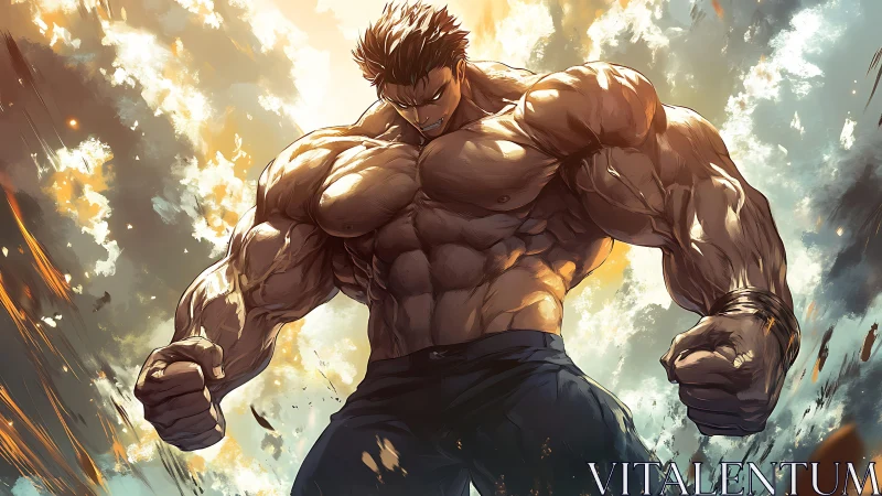Titanic muscular warrior stands under erupting sky
