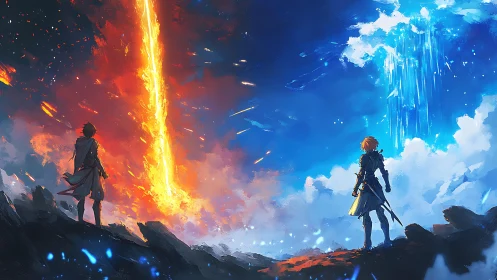 Opposed warriors confront vertical fire and water energy rifts