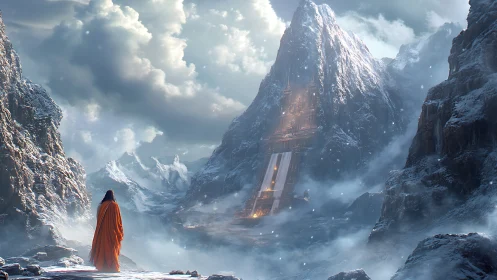 Monk faces towering icy temple within stormbound pass.