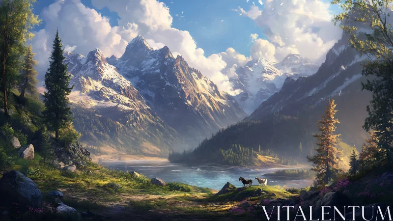 Mountain valley lake landscape with grazing pack animals.