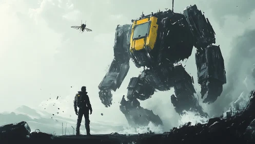 Lonely explorer meets towering yellow-cab mecha in mist