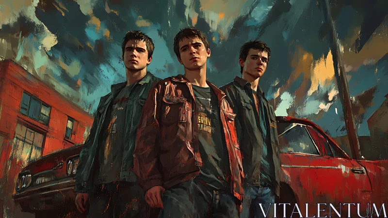 Gritty urban trio beside weathered red car at dusk storm