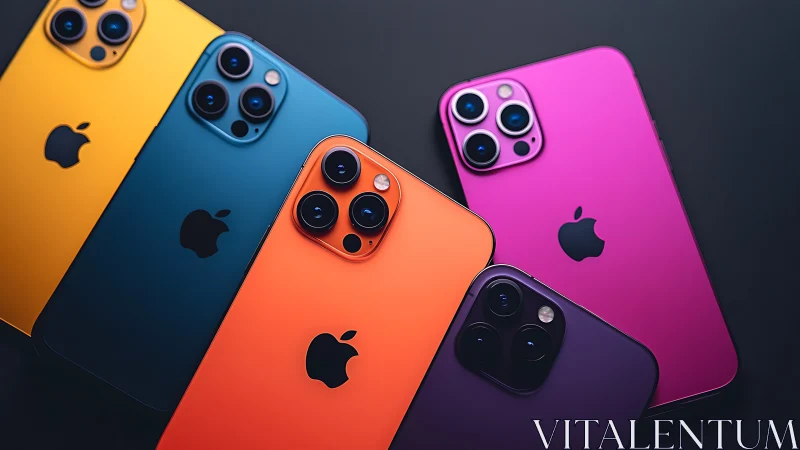 Colorful modern smartphones arranged on dark surface.