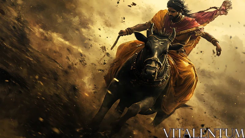 Warrior in golden robes rides charging black bull through dust