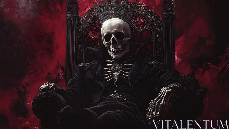 Skeletal monarch sits on ornate throne against red void