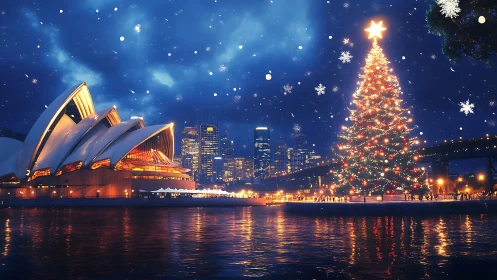Digital nightscape of Sydney Harbour with illuminated tree.