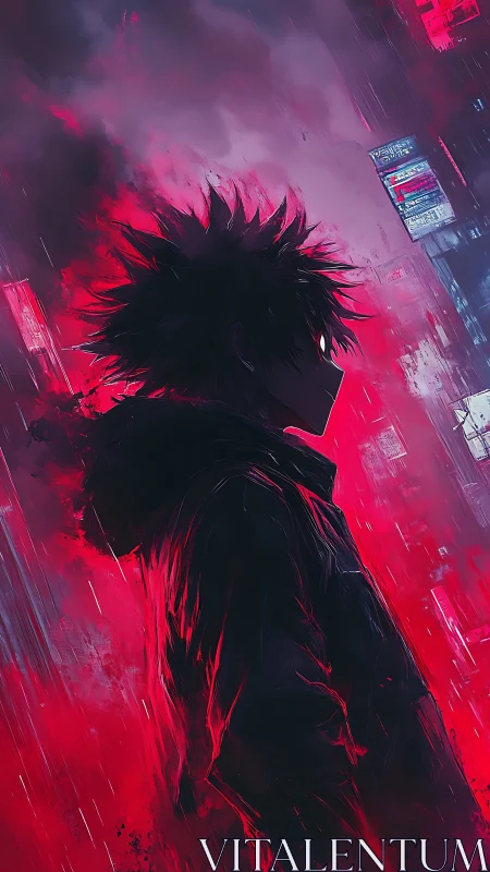 Silhouetted figure stands in neon red urban rainfall