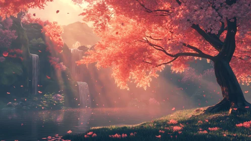 Pink blossom tree beside calm lake with distant waterfalls.