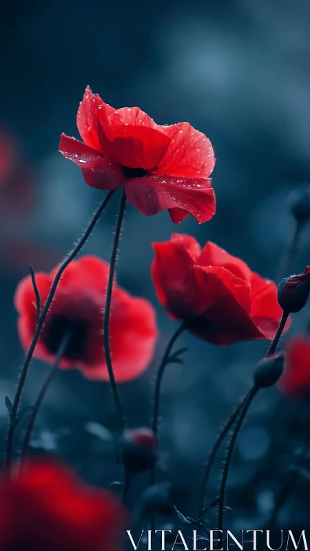 Red Poppies Against Dark Blue Backdrop.