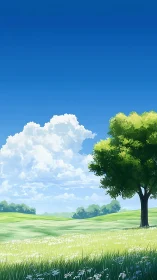 Anime pastoral landscape with solitary tree and open sky.