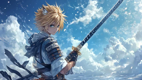 Skybound fox-eared swordsman ready for a hopeful journey.