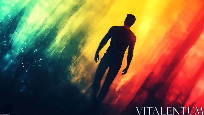 Silhouetted wanderer stepping into glowing rainbow light.