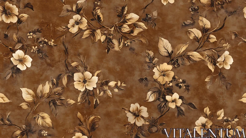 Brown toned floral wallpaper pattern with stylized blossoms.