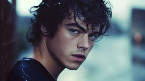 Moody wet-haired young man in shallow-depth urban close-up