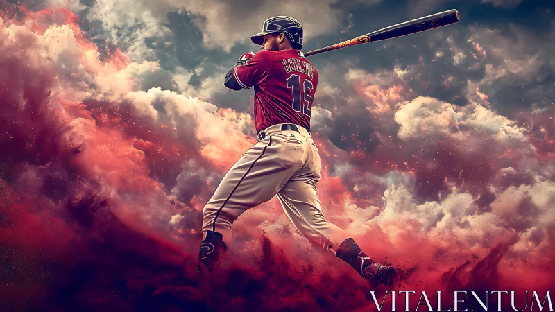 Baseball slugger explodes through swirling clouds of color.