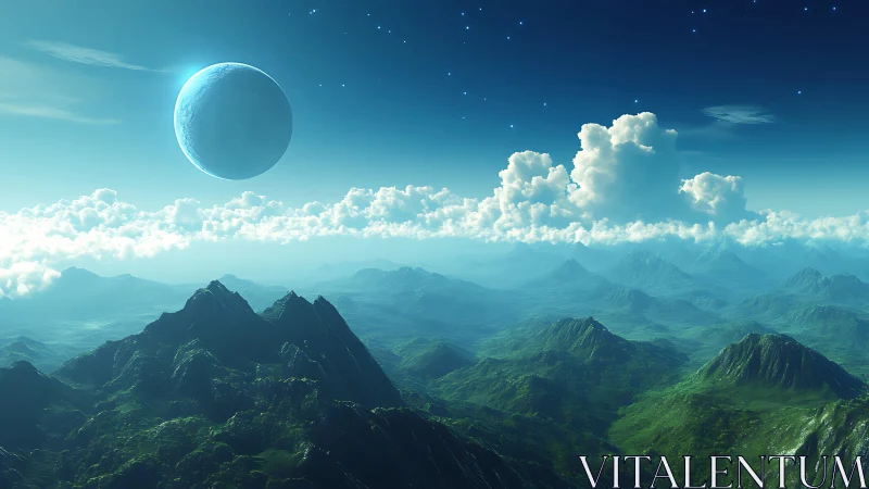 Alien blue planet rises above lush emerald mountain world.
