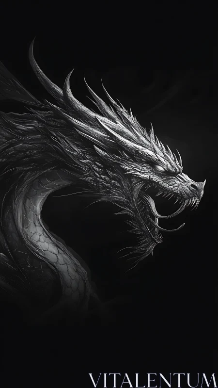 Monochrome dragon head roaring in stark dark profile.