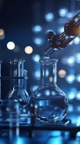 Chromed pipette above glowing blue laboratory glassware.