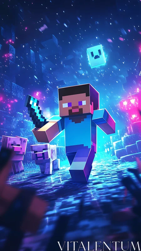 Pixelated hero runs with sword in glowing neon world.