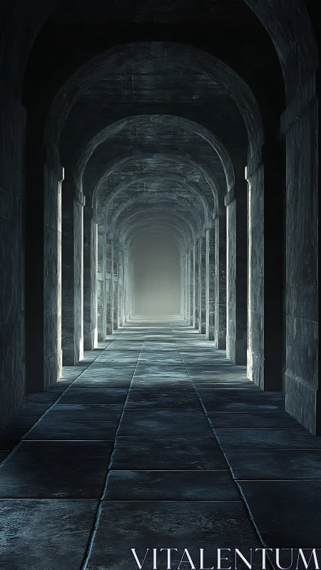 Long stone archway corridor fading into distant light.
