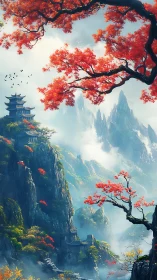 Mountain temple stands beneath vivid red autumn canopy