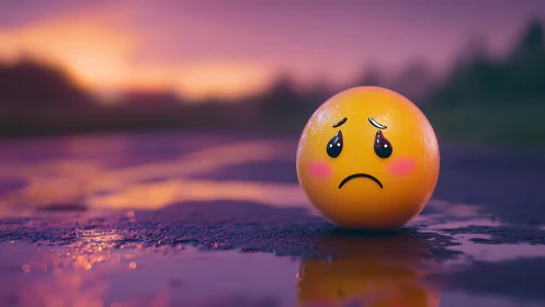 Sad emoji sphere on wet street at dreamy sunset dusk.