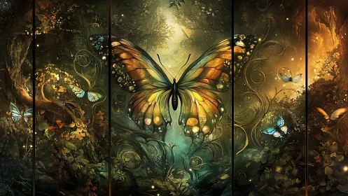 Large luminous butterfly in dense fantasy forest scene.