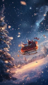 Santa in luminous sleigh over sparkling winter forest night.