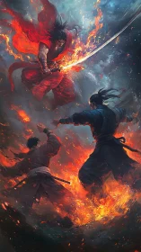 Blazing samurai warrior leaps into a storm of fire and steel