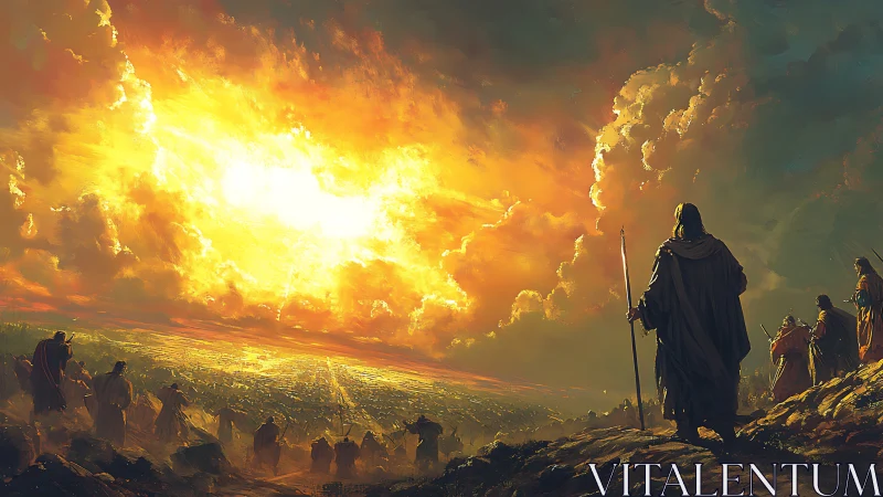 Hooded figures watch blazing sky over distant cityscape.