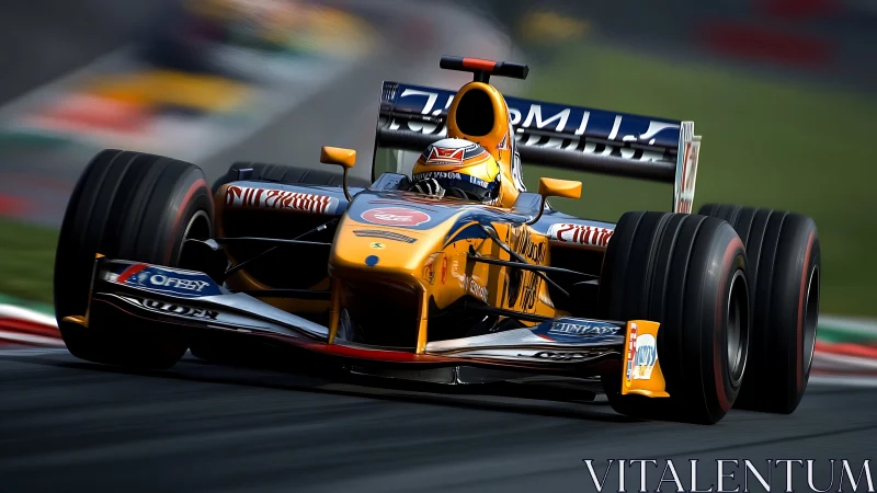 Formula race car powers through fast corner at speed.