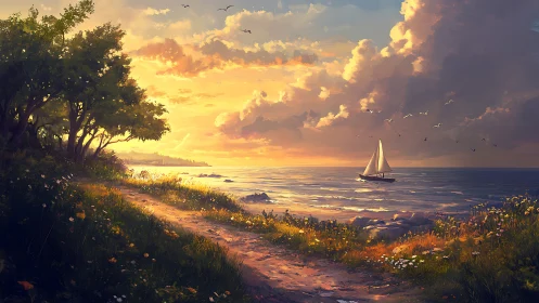 Sailboat on calm sea near sunlit coastal path at sunset.