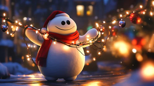 Soft 3D snowman character arranges festive bokeh-lit garland