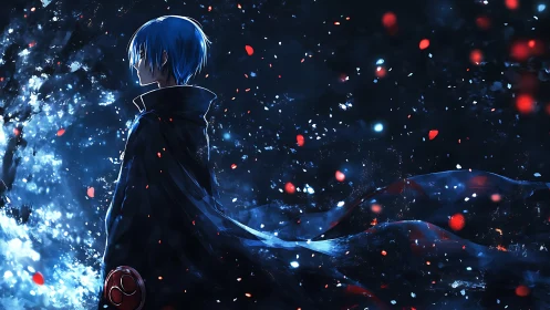 Lone blue haired wanderer gazes into a glowing night storm