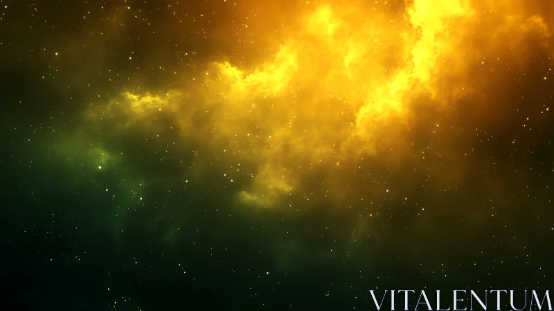 Yellow green nebula cloud spans star filled deep space