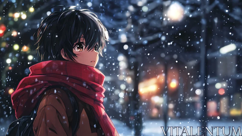 Snowy urban night portrait uses depth-of-field and rim lighting