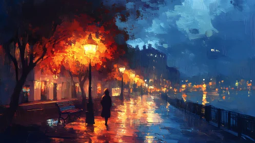 Lone figure walks along rainlit riverside under warm lamps