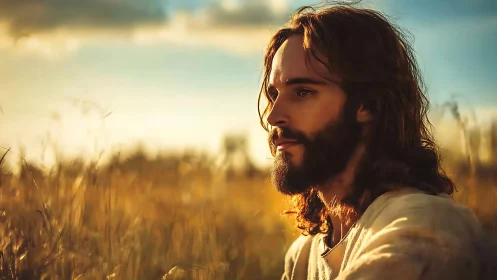 Bearded man seated in sunlit field at golden hour period.