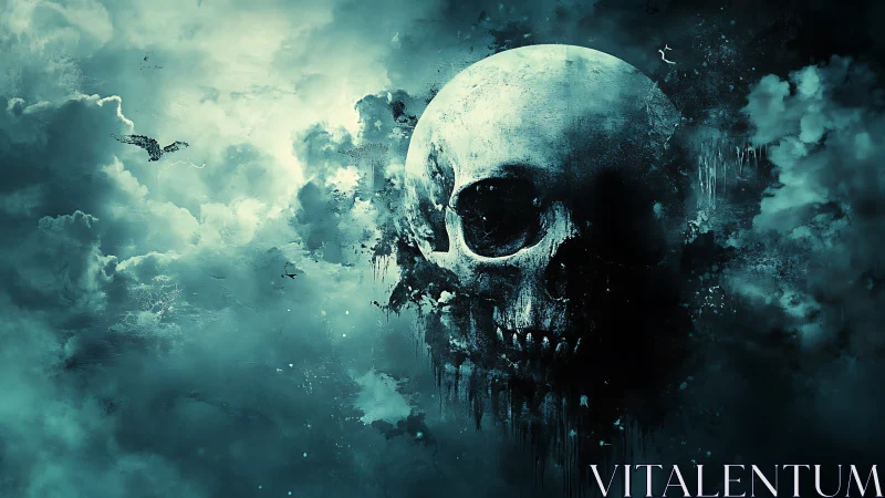 Skull emerging from dark teal storm clouds in sky.